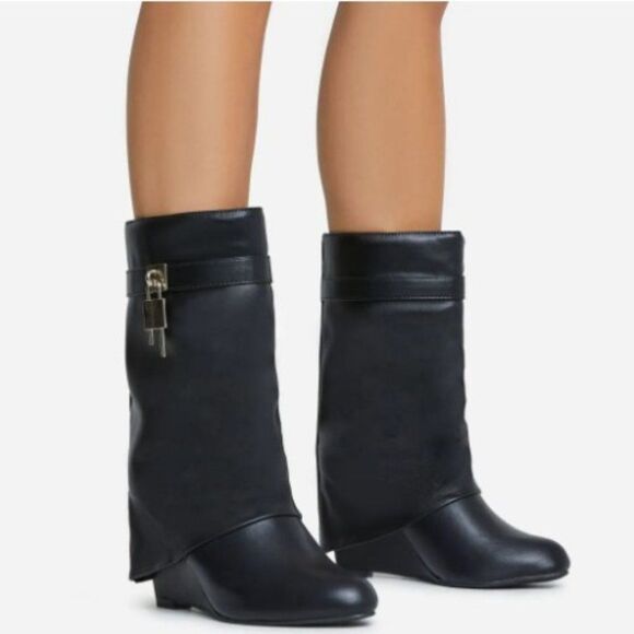 BLACK WEDGE BOOTIE WITH OVERLAP SKIRT WITH GOLD LOCKET CHARM - Picture 4 of 7